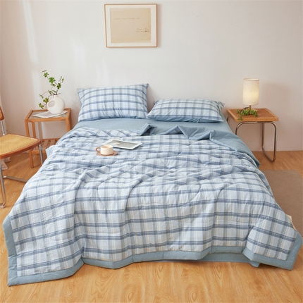 2025新款A类里外全棉夏凉被100%新疆棉纯棉全棉填充无印格子款空调被原棉夏被 里外全棉-森蓝格