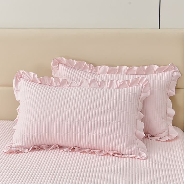 91家纺网 家纺一手货源 找家纺 星窝家纺 2025新款水洗棉花边床裙式多功能床盖三件套 经典粉色