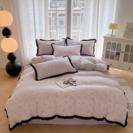 2025新款黑花边有氧云感m提花针织水洗m双层纱四件套 一路生花