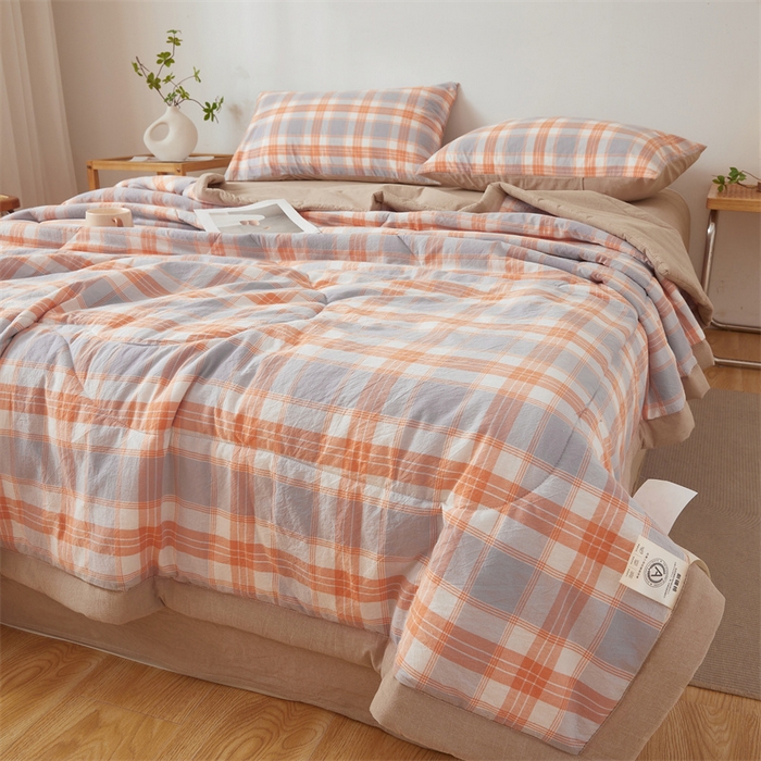 91家纺网 家纺一手货源 找家纺 2025新款A类里外全棉夏凉被100%新疆棉纯棉全棉填充无印格子款空调被原棉夏被 里外全棉-桔灰格