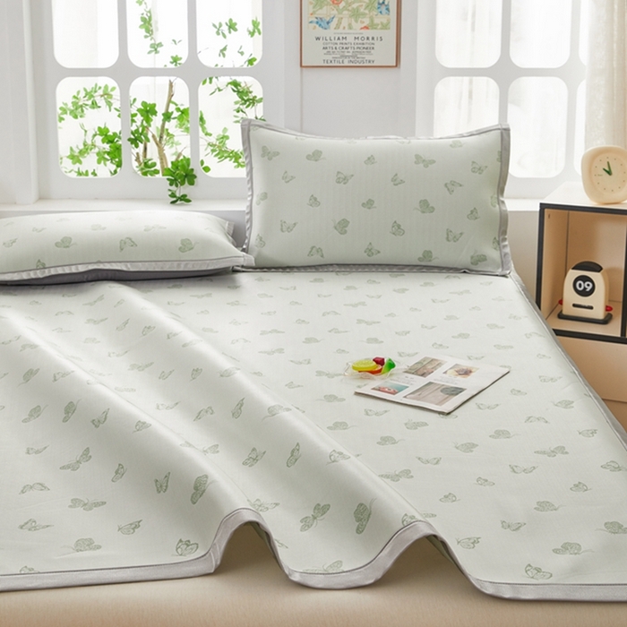 91家纺网 家纺一手货源 找家纺 曲宿家纺 2025新款高分子色织提花软凉席系列 蝴蝶-果绿