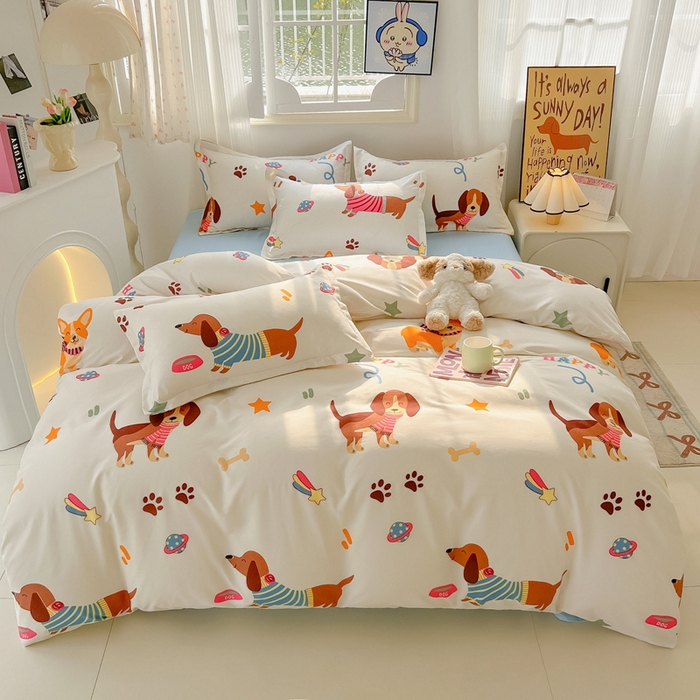 91家纺网 家纺一手货源 找家纺 悦织湾家纺 2025新款亲肤芦荟棉四件套轻奢印花磨毛床上用品亲肤棉四件套 腊肠派对