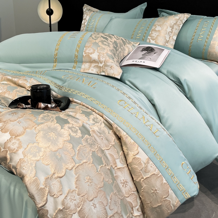 91家纺网 家纺一手货源 找家纺 米彩家纺 2025新款A类水洗真丝金丝浮雕提花绣花四件套 桃花-水绿