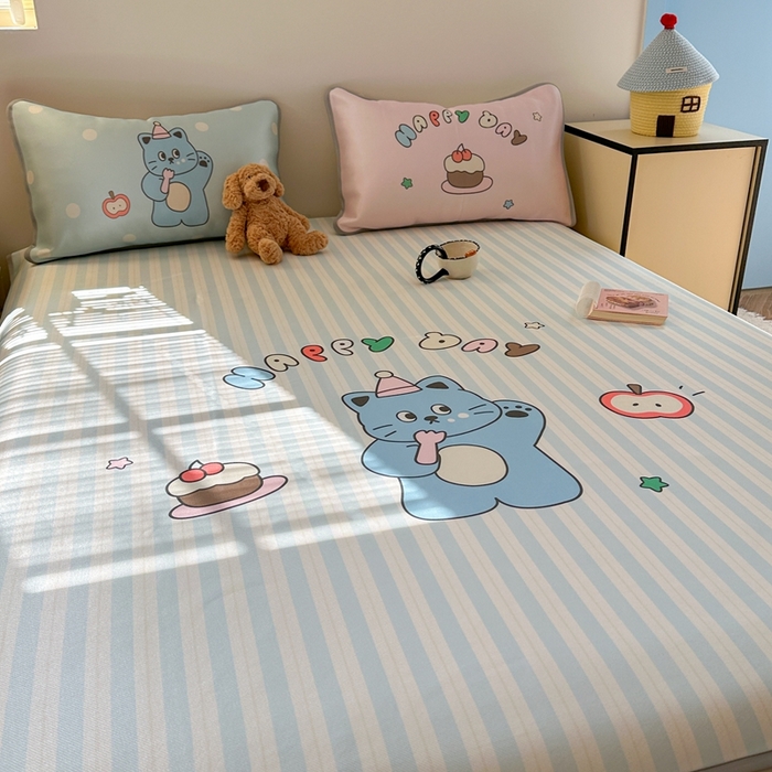 91家纺网 家纺一手货源 找家纺 美乐迪家纺 2025新款碳光凉感冰丝席 派对猫咪