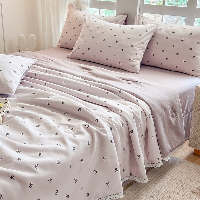 91家纺网 家纺一手货源 找家纺 斯卡诺家纺 2025新款针织双层纱韩版花边夏被四件套夏季夏凉被空调被 莫奈紫