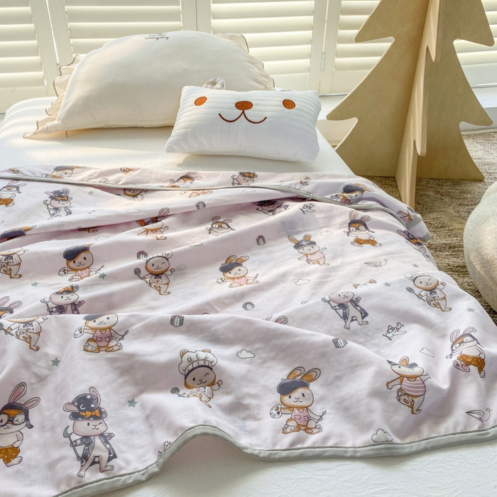 91家纺网 家纺一手货源 找家纺 潮邦 2025新款全棉双层纱多功能盖毯 兔之园