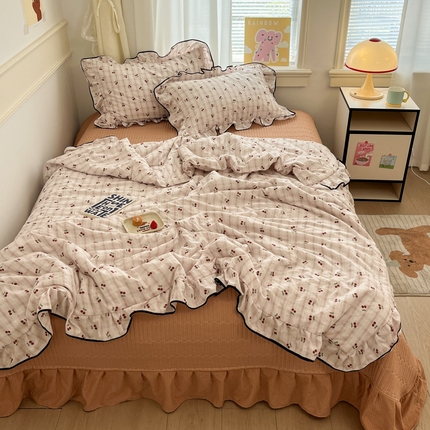 欧尚 2025新款细黑边夏被床单床盖三件套 小樱桃