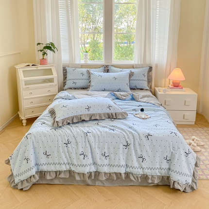 欧尚 2025新款ins风夏被四件套 蓝色蝴蝶结