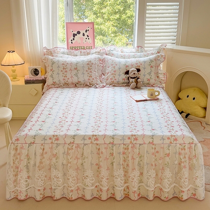 宜凡家纺 2025新款全棉蕾丝花边床裙三件套 悦夏花影