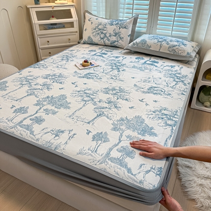 91家纺网 家纺一手货源 找家纺 （总）花言狐语 2025新款真冰藤印花床笠款凉席