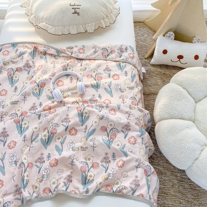 91家纺网 家纺一手货源 找家纺 潮邦 2025新款全棉双层纱多功能盖毯 心怡粉