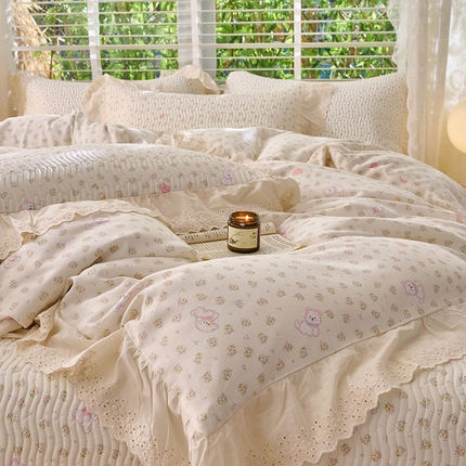 91家纺网 家纺一手货源 找家纺 （总）X猫先生 2025新款法式全棉双层纱床盖套件夹棉床单三四件套（A类母婴级）