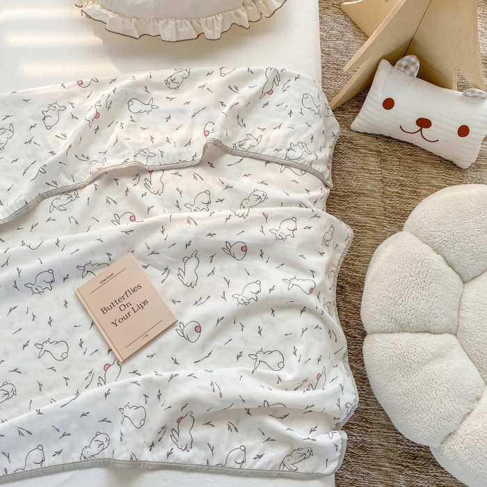 91家纺网 家纺一手货源 找家纺 潮邦 2025新款全棉双层纱多功能盖毯 兔跳跳