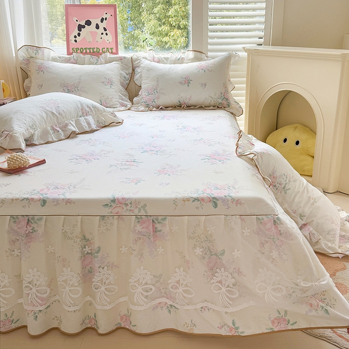 91家纺网 家纺一手货源 找家纺 宜凡家纺 2025新款全棉蕾丝花边床裙三件套 楼兰梦屿