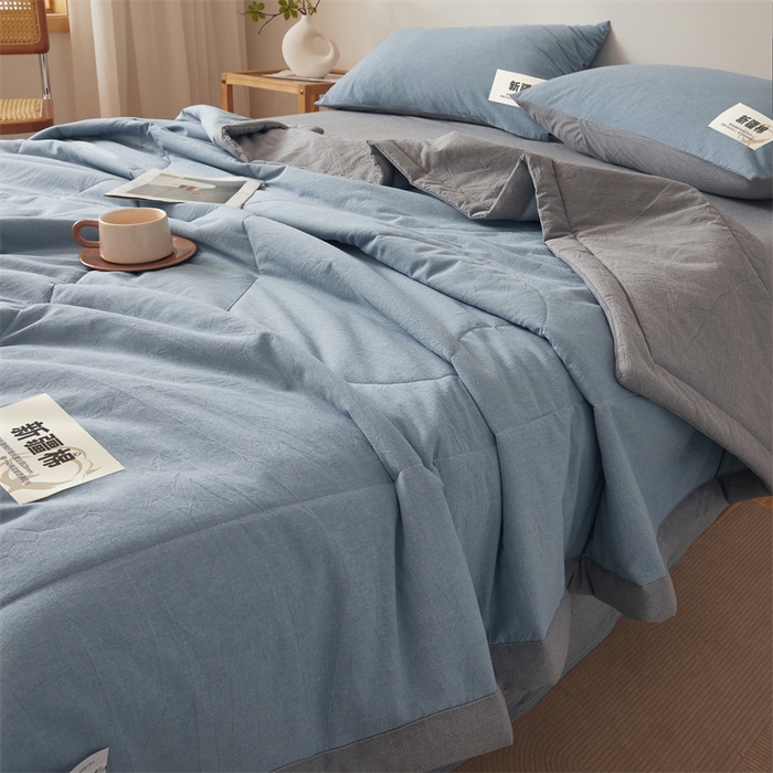 91家纺网 家纺一手货源 找家纺 2025新款A类里外全棉夏凉被100%新疆棉纯棉全棉填充无印格子款空调被原棉夏被 里外全棉-双拼浅蓝
