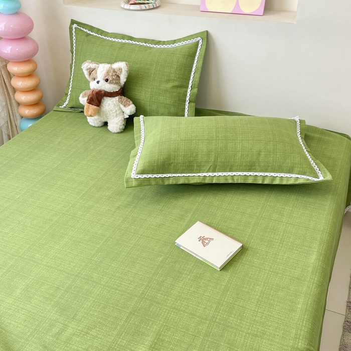 91家纺网 家纺一手货源 找家纺 新印象  2025新款花边老粗布床单款床笠款三件套倾城-绿