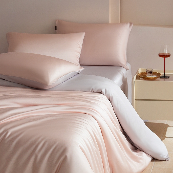 91家纺网 家纺一手货源 找家纺 云栖家居 202560支兰精天丝纯拼色四件套 浅杏粉银灰