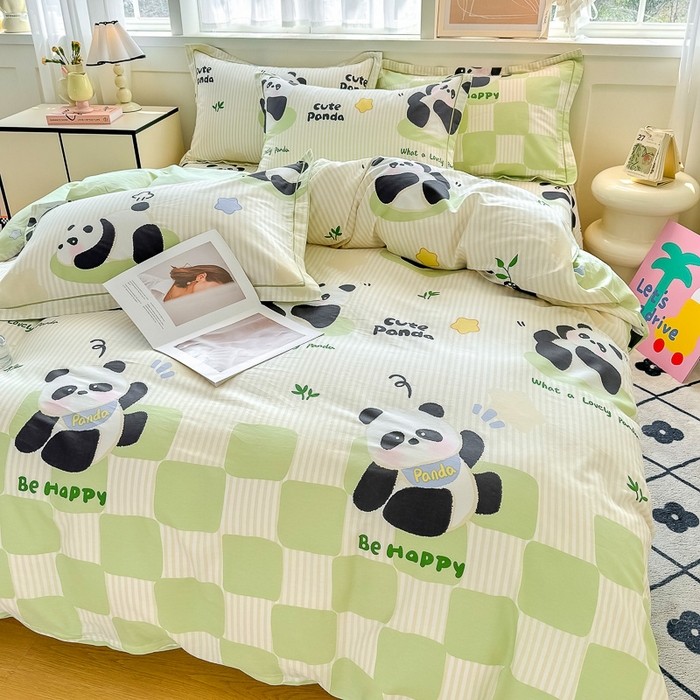 91家纺网 家纺一手货源 找家纺 红粉佳人家纺 2025春夏新款A类全棉纯棉12868纯棉单被套 绿格熊猫