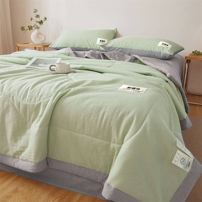 91家纺网 家纺一手货源 找家纺 2025新款A类里外全棉夏凉被100%新疆棉纯棉全棉填充无印格子款空调被原棉夏被 里外全棉-双拼绿