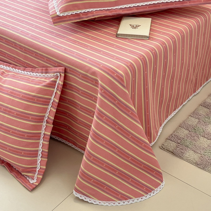 91家纺网 家纺一手货源 找家纺 新印象  2025新款花边老粗布床单款床笠款三件套细条纹-红