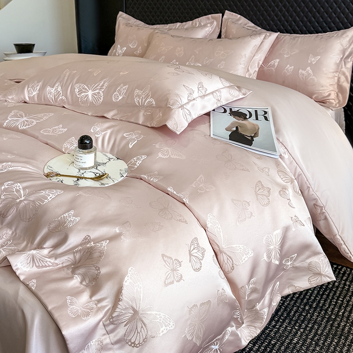 91家纺网 家纺一手货源 找家纺 狂想家 2025新款高奢提花水洗天丝系列四件套 蝶之恋轻奢粉