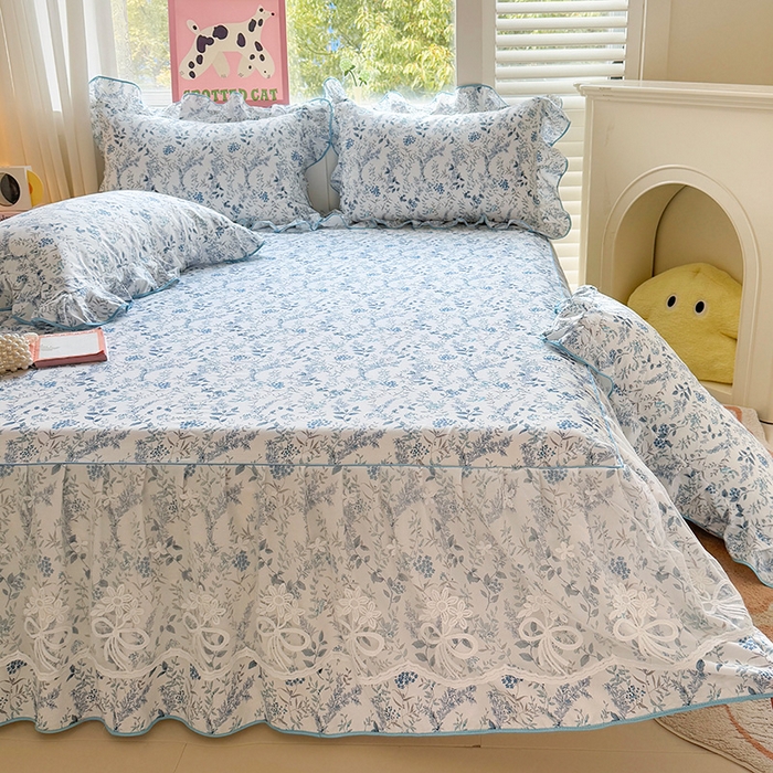 91家纺网 家纺一手货源 找家纺 宜凡家纺 2025新款全棉蕾丝花边床裙三件套 花香浮梦