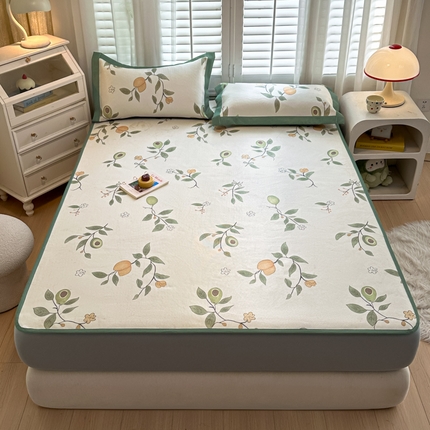 花言狐语 2025新款真冰藤印花床笠款凉席 牛油果