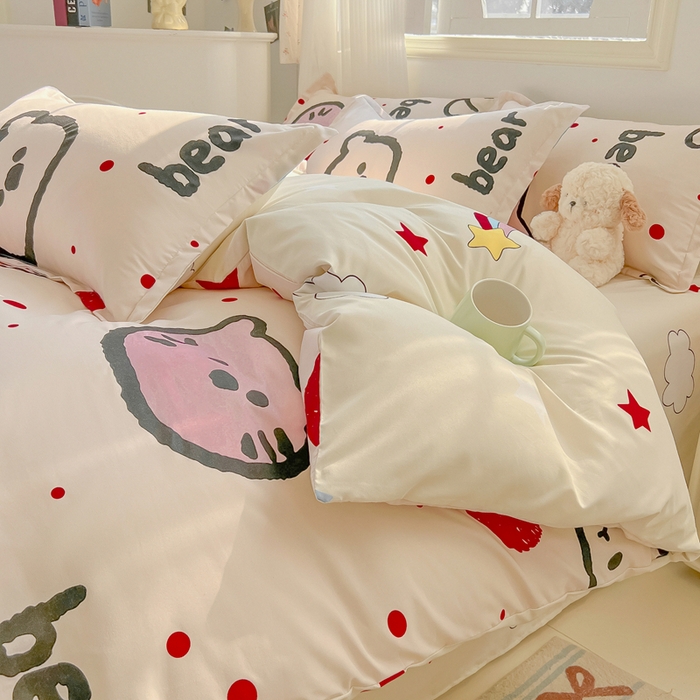 91家纺网 家纺一手货源 找家纺 悦织湾家纺 2025新款亲肤芦荟棉四件套轻奢印花磨毛床上用品亲肤棉四件套 爱心熊