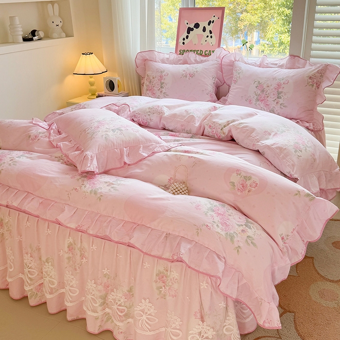 91家纺网 家纺一手货源 找家纺 宜凡家纺 2025新款全棉蕾丝花边床裙三件套 弥花集