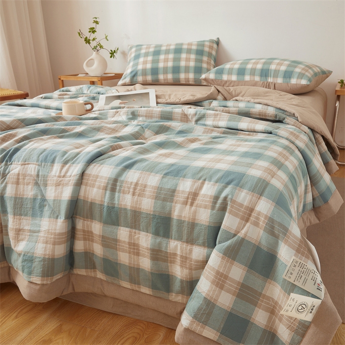 91家纺网 家纺一手货源 找家纺 2025新款A类里外全棉夏凉被100%新疆棉纯棉全棉填充无印格子款空调被原棉夏被 里外全棉-绿咖格