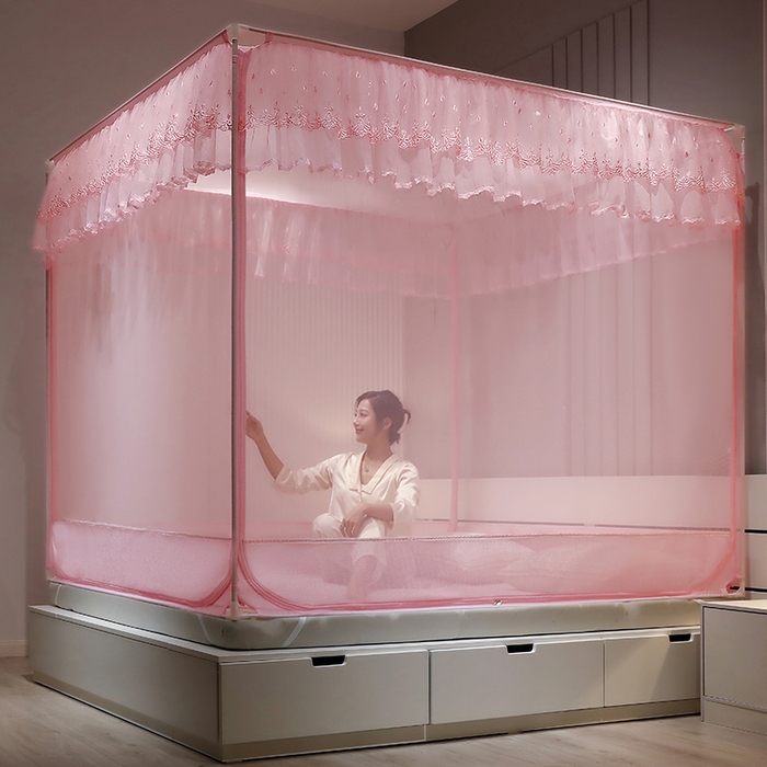 91家纺网 家纺一手货源 找家纺 夏彩 2025新款U型三开门外穿坐床蚊帐系列-货号88538/88539 88539粉色