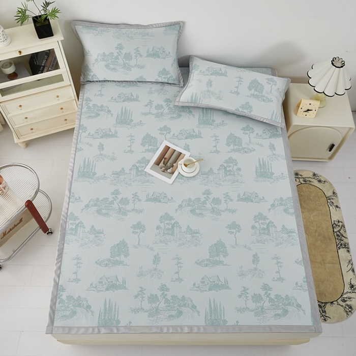 91家纺网 家纺一手货源 找家纺 曲宿家纺 2025新款A类高分子色织提花软凉席系列 山涧-湖蓝