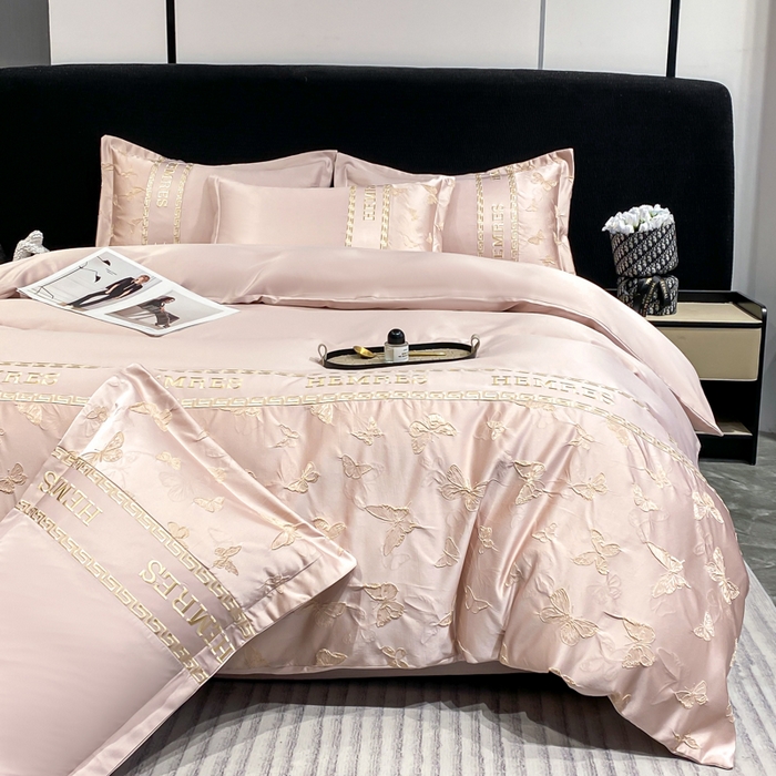 91家纺网 家纺一手货源 找家纺 子曰 2025新款金丝提花浮雕刺绣水洗真丝四件套 醉蝴蝶-粉