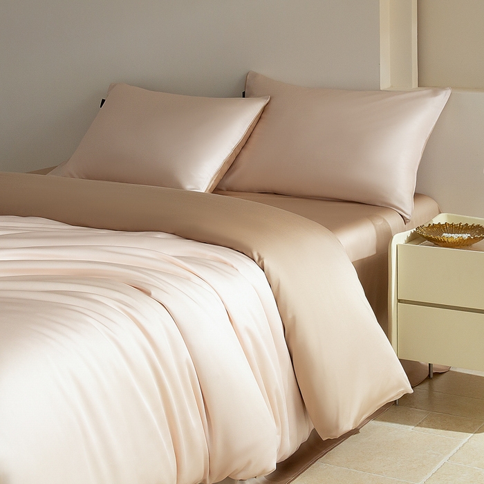 91家纺网 家纺一手货源 找家纺 云栖家居 202560支兰精天丝纯拼色四件套 香槟咖