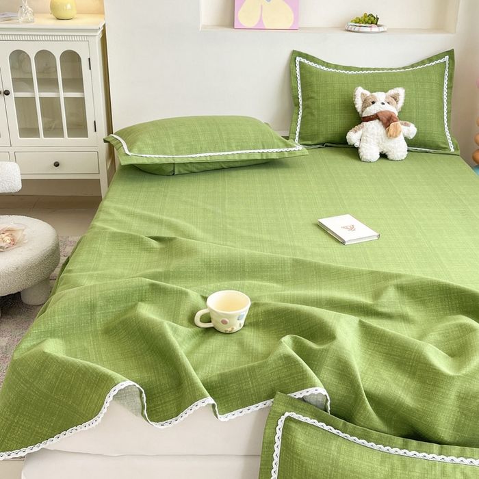 91家纺网 家纺一手货源 找家纺 新印象  2025新款花边老粗布床单款床笠款三件套倾城-绿