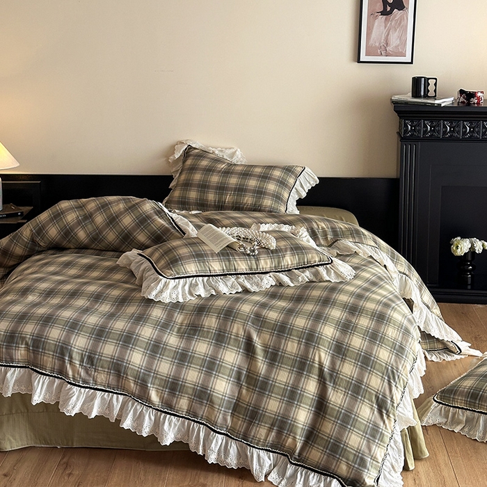 91家纺网 家纺一手货源 找家纺 （总）蓝邻家纺 2025春夏新款全棉纯棉复古双层纱花边织带款四件套