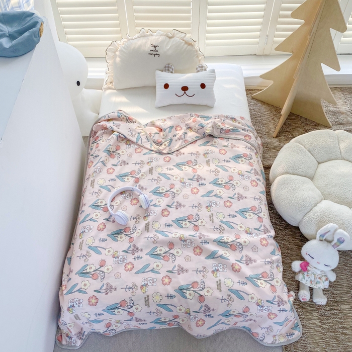 91家纺网 家纺一手货源 找家纺 潮邦 2025新款全棉双层纱多功能盖毯 心怡粉