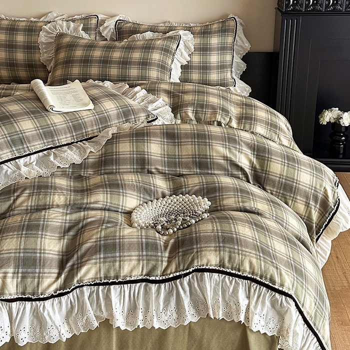 91家纺网 家纺一手货源 找家纺 （总）蓝邻家纺 2025春夏新款全棉纯棉复古双层纱花边织带款四件套