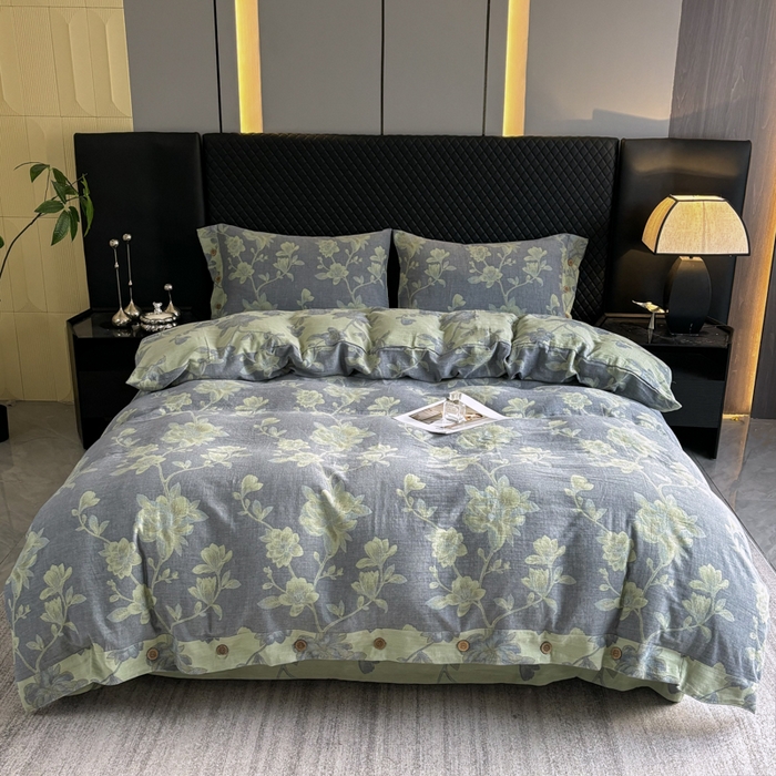 91家纺网 家纺一手货源 找家纺 2025新款全棉色织双层纱纽扣款四件套 七里香-灰黄