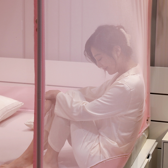 91家纺网 家纺一手货源 找家纺 夏彩 2025新款U型三开门外穿坐床蚊帐系列-货号88538/88539 88539粉色