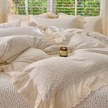 X猫先生 2025新款法式全棉双层纱床盖套件夹棉床单三四件套（A类母婴级） 云槿