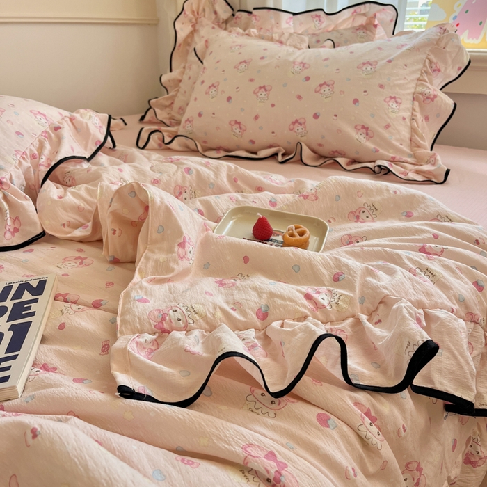 91家纺网 家纺一手货源 找家纺 欧尚 2025新款细黑边夏被床单床盖三件套 粉蒂