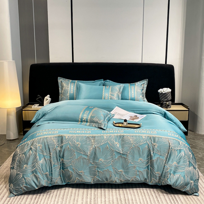 91家纺网 家纺一手货源 找家纺 子曰 2025新款金丝提花浮雕刺绣水洗真丝四件套 花语-蓝