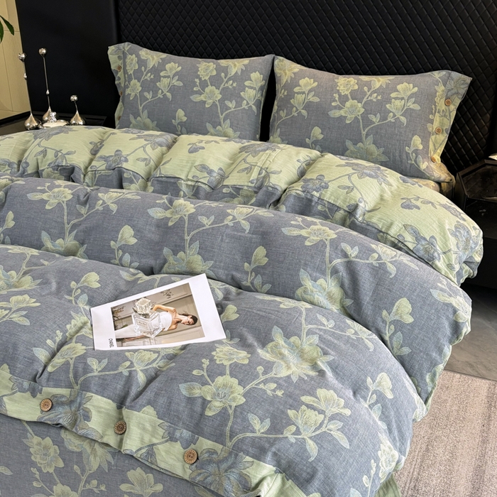 91家纺网 家纺一手货源 找家纺 2025新款全棉色织双层纱纽扣款四件套 七里香-灰黄