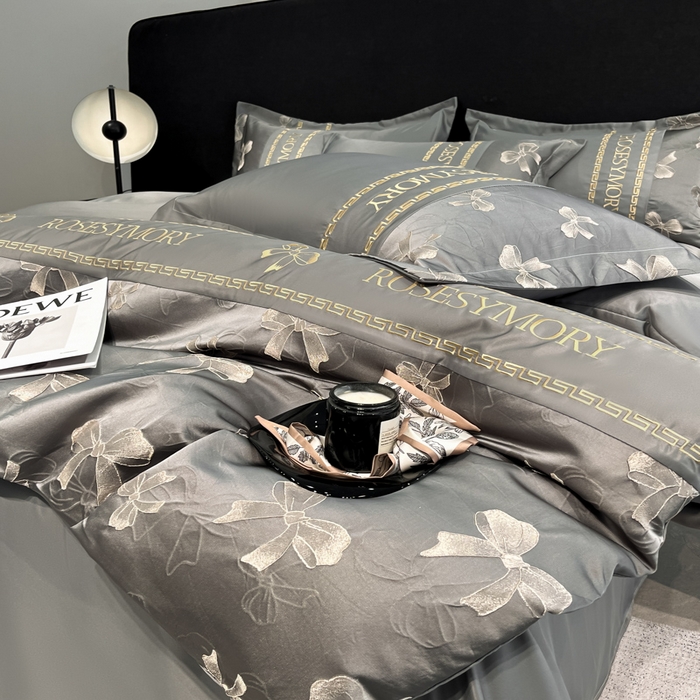 91家纺网 家纺一手货源 找家纺 米彩家纺 2025新款A类水洗真丝金丝浮雕提花绣花四件套 情结-深灰