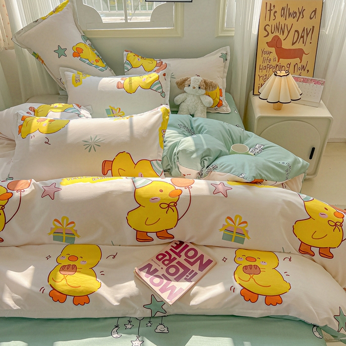 91家纺网 家纺一手货源 找家纺 悦织湾家纺 2025新款亲肤芦荟棉四件套轻奢印花磨毛床上用品亲肤棉四件套 开心鸭