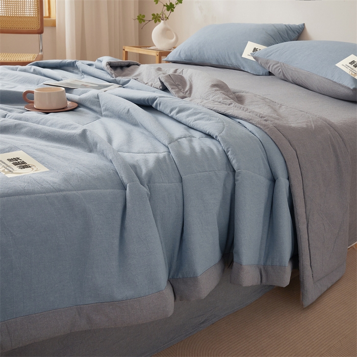 91家纺网 家纺一手货源 找家纺 2025新款A类里外全棉夏凉被100%新疆棉纯棉全棉填充无印格子款空调被原棉夏被 里外全棉-双拼浅蓝