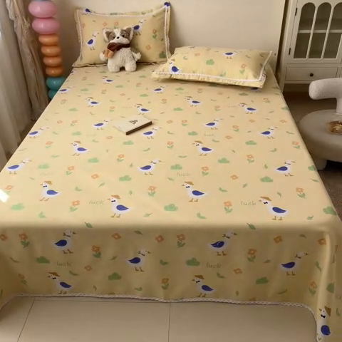 91家纺网 家纺一手货源 找家纺 新印象  2025新款花边老粗布床单款床笠款三件套幸运海鸥