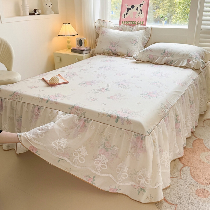 91家纺网 家纺一手货源 找家纺 宜凡家纺 2025新款全棉蕾丝花边床裙三件套 楼兰梦屿