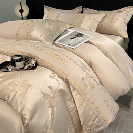 米彩家纺 2025新款A类水洗真丝金丝浮雕提花绣花四件套 情结-香槟